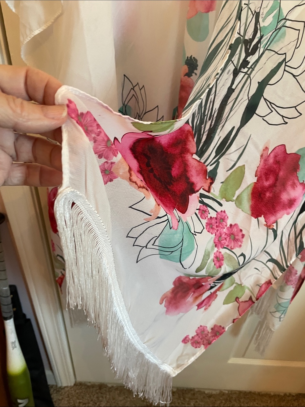 Say What? Sheer White Floral Kimono Wrap with Pink and Green Accents - Picture 6 of 10